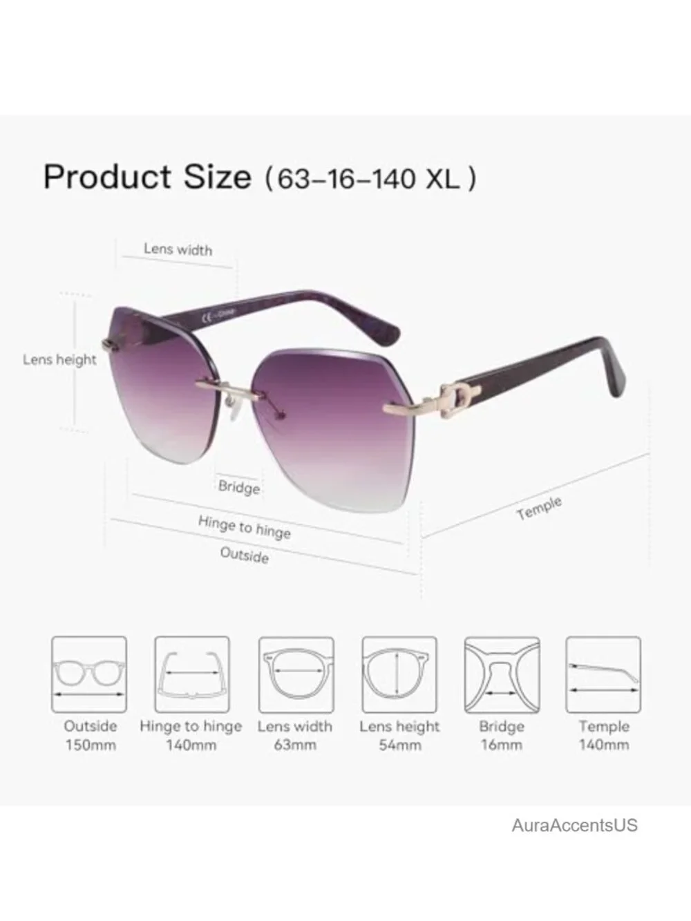 Oversized Rimless Sunglasses Gradient Lens UV Protection Women